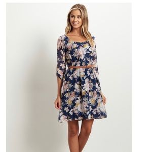 Navy blue floral chiffon belted dress